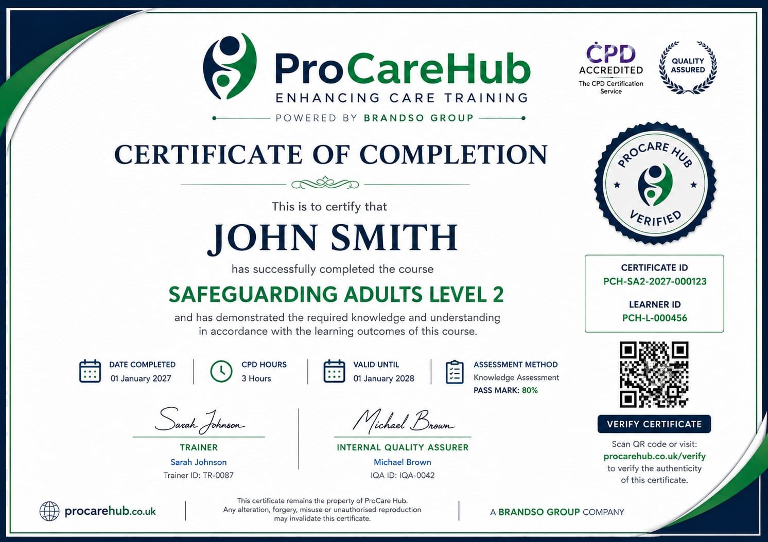 ProCareHub Certificate of Completion — CPD Accredited Care Training by Brandso Group